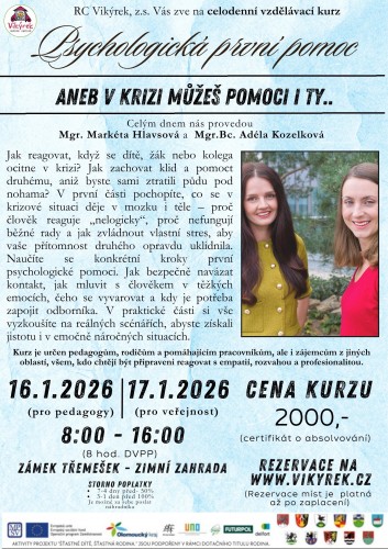 Kurz: Psychologická první pomoc 16.1.2026 (pro pedagogy)KAPACITA NAPLNĚNA